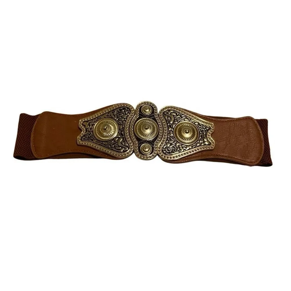 Cool vintage looking metal stretch antique buckle belt, brown and brushed gold